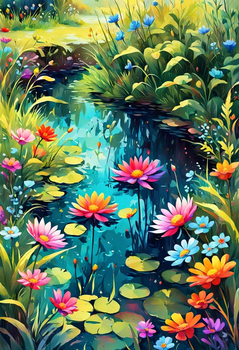 Vibrant Overgrown Oasis in High-Contrast Polychromatic Splen...