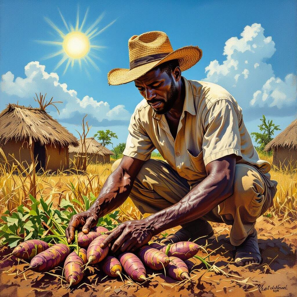 Farmer Harvests Yams Under Hot Savannah Sun in Oil Painting ...