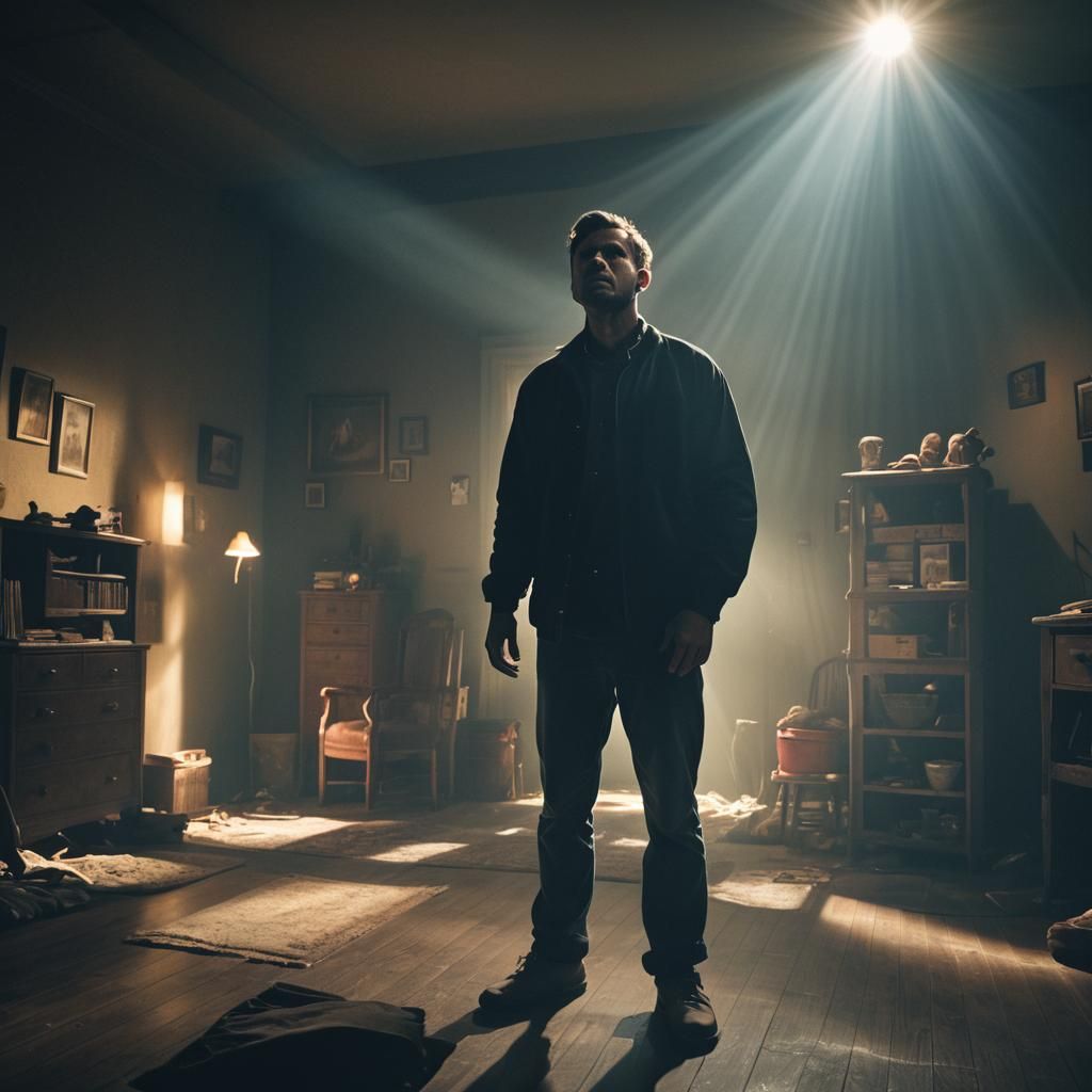 Man Praying During Paranormal Activity in Dark Room