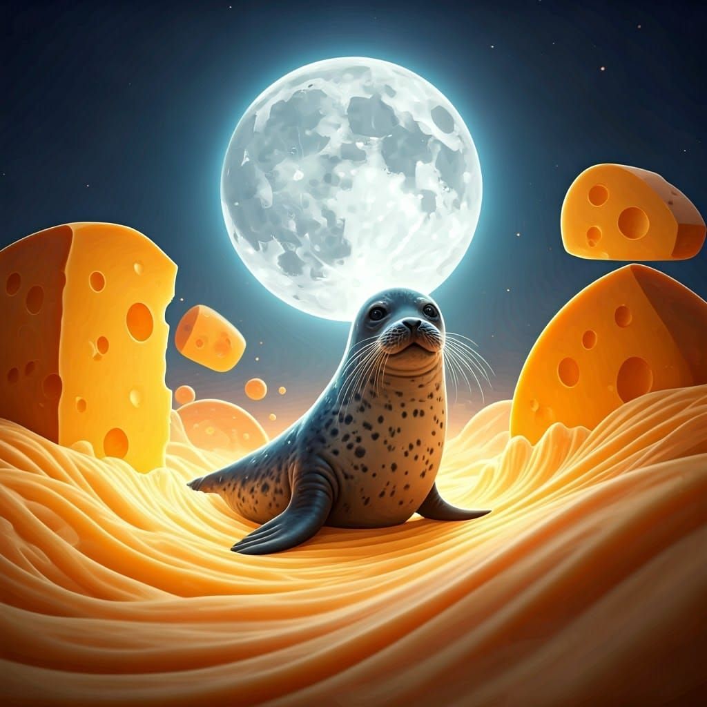 Seal's Cheesy Adventure: A Cartoon Fantasy Landscape