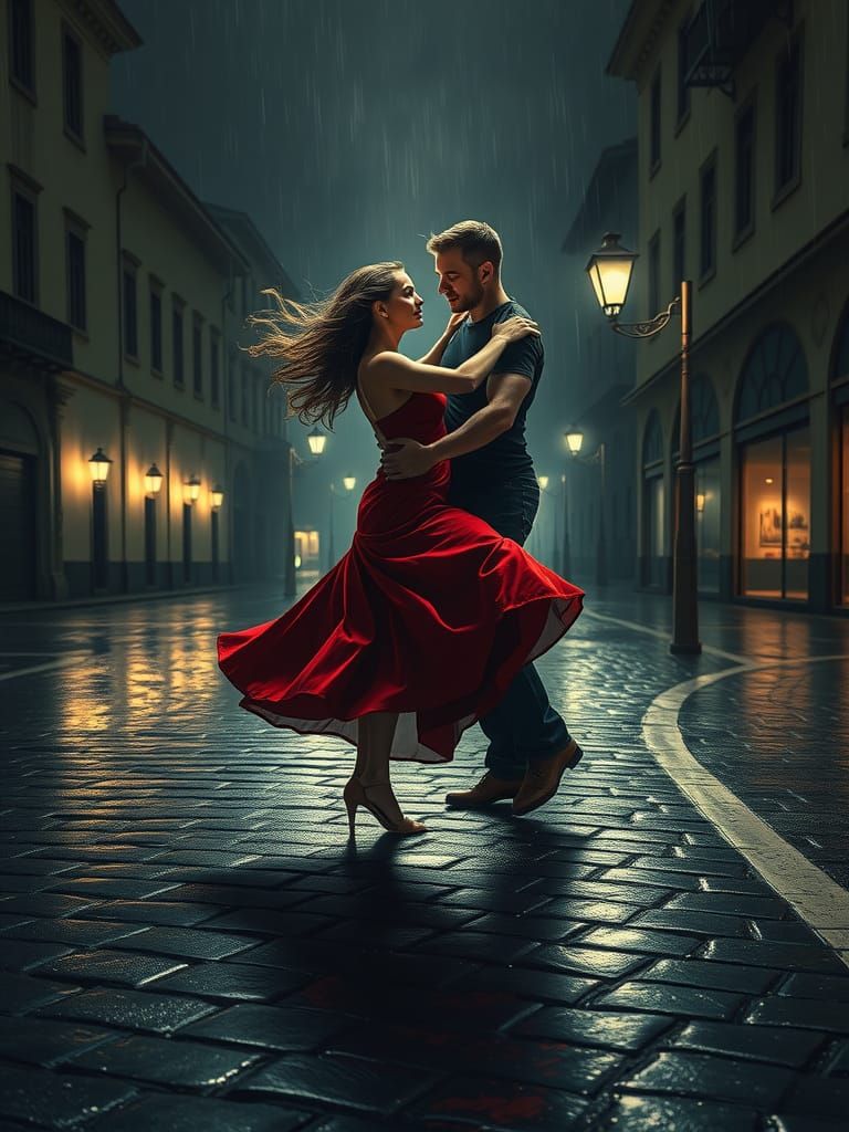 Tango Dancers in Rainy Plaza, Melancholic Style