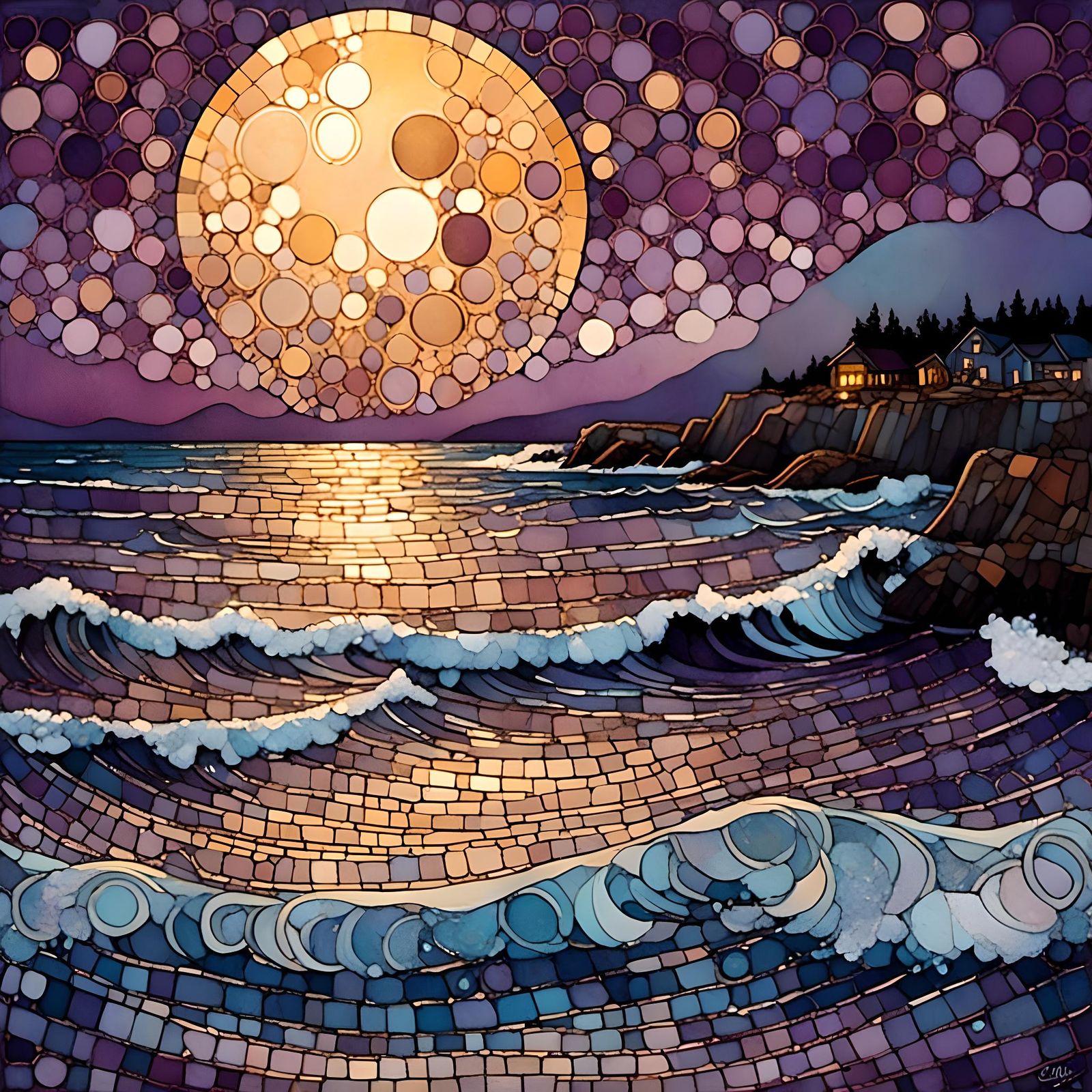 Glowing Moon Mosaic Over Calm Beach