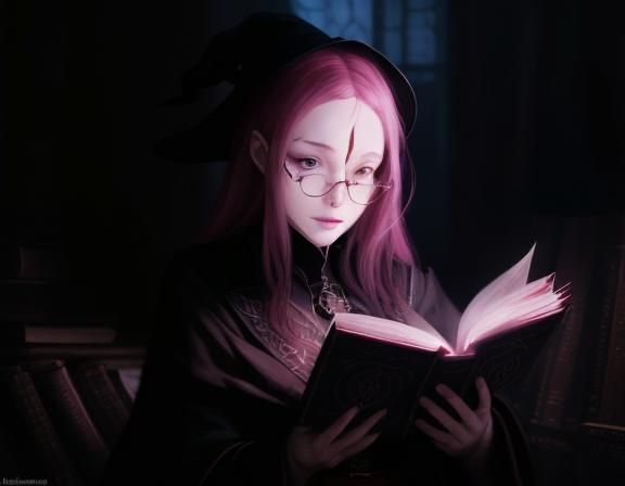 Witch Reading Grimoire in Digital Art Style