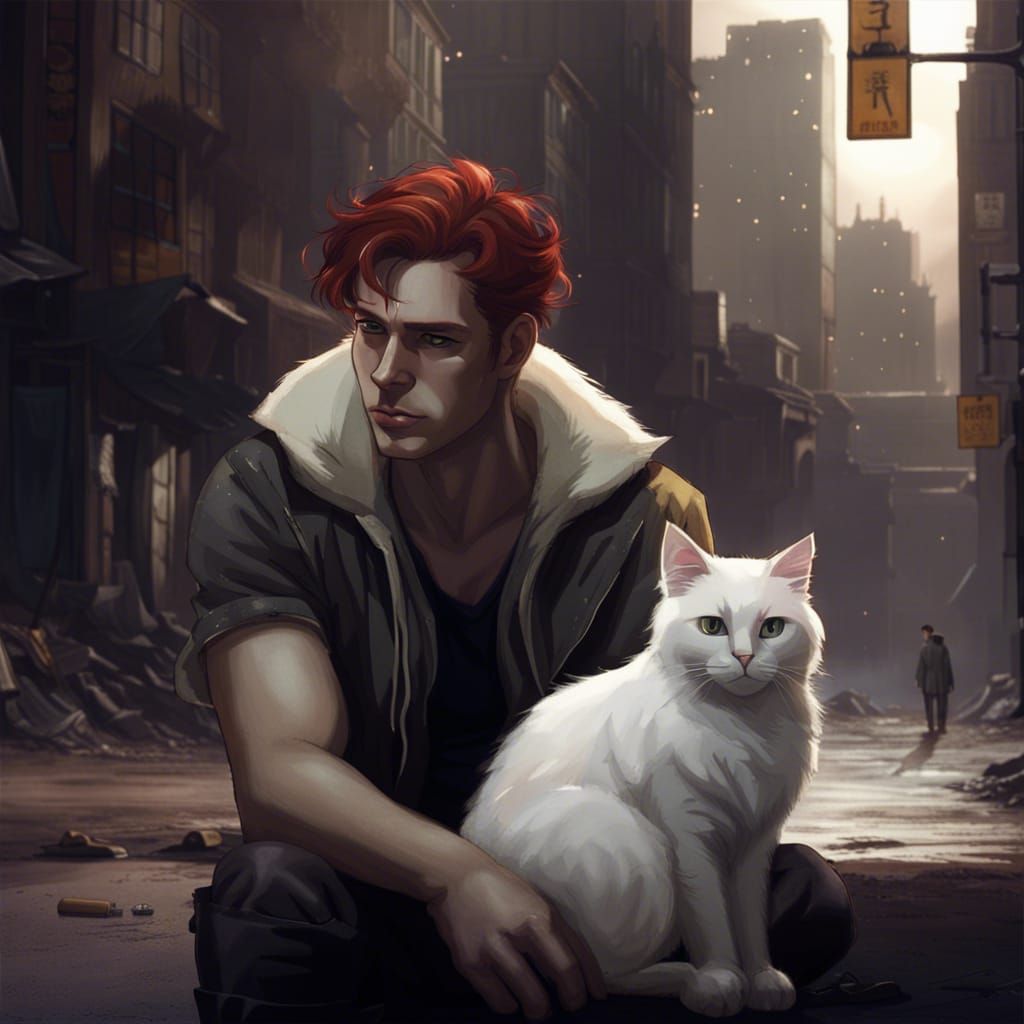 Auburn-Haired Man and White Cat in Desolate City
