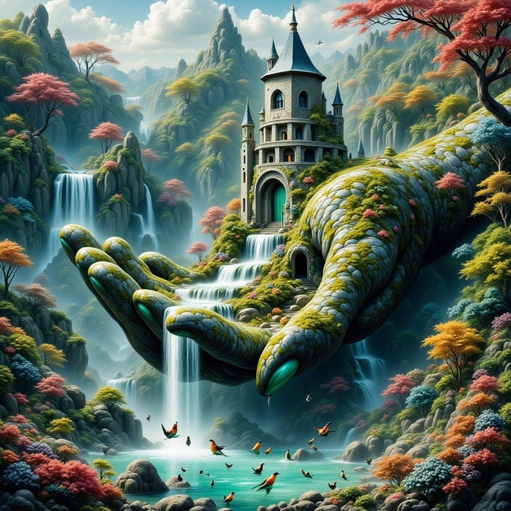 Mossy Stone Hand Waterfall Dreamscape