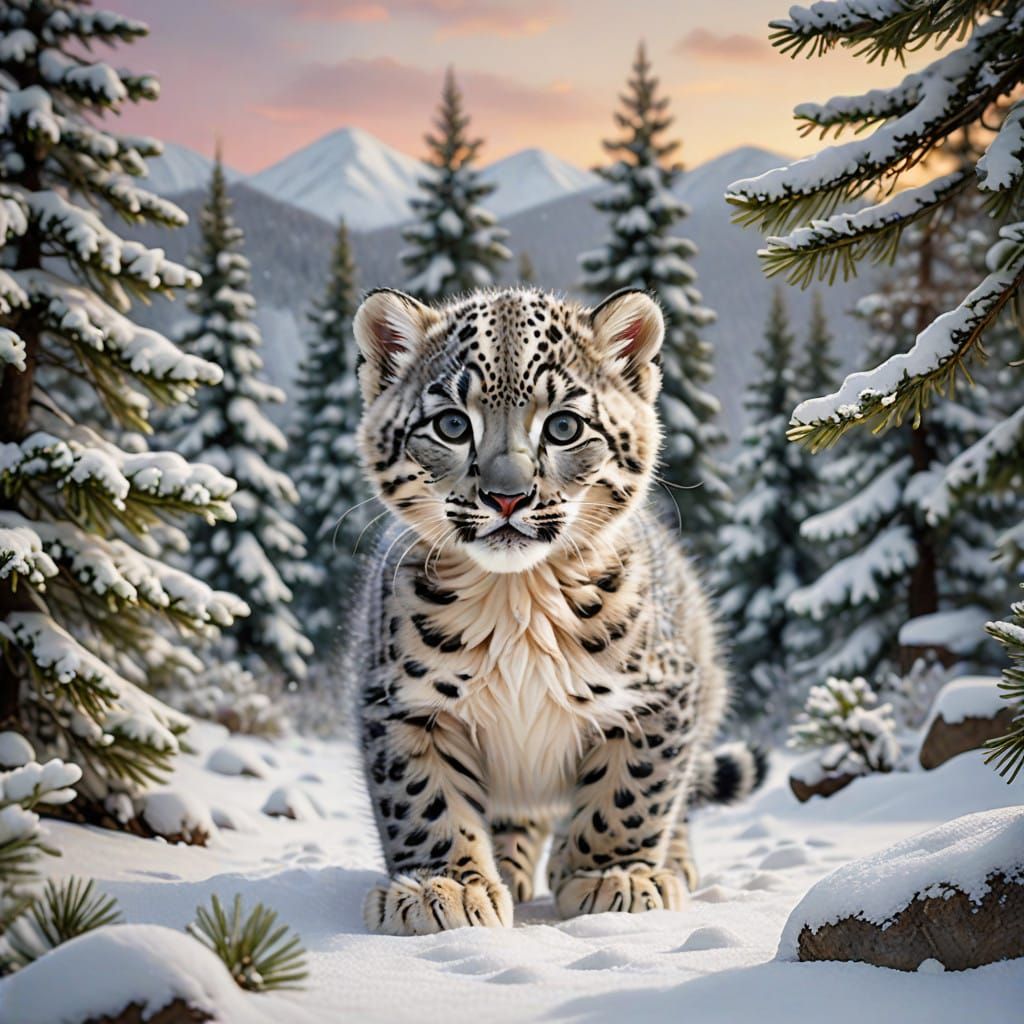 Whimsical Snow Leopard Kitten in Winter Wonderland