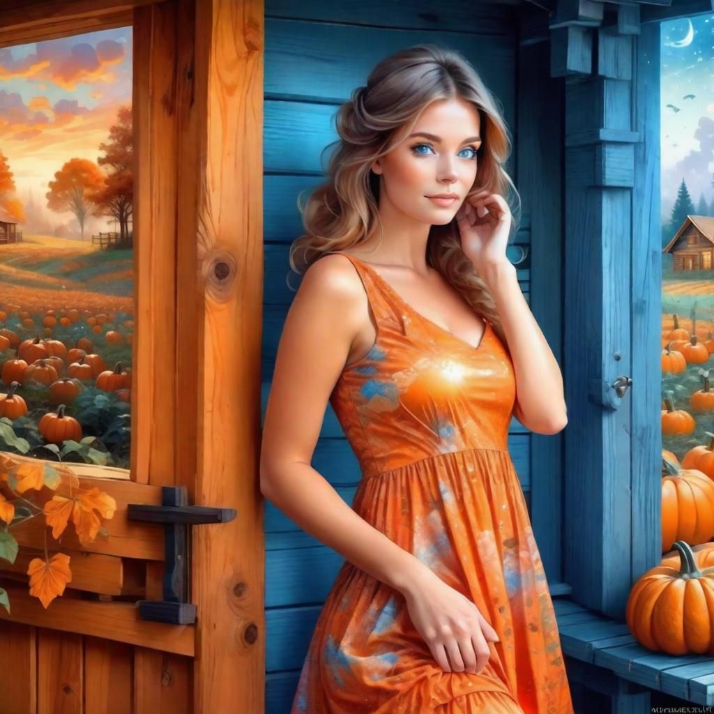 Ethereal Portrait: Woman in Orange Dress in Pumpkin Field