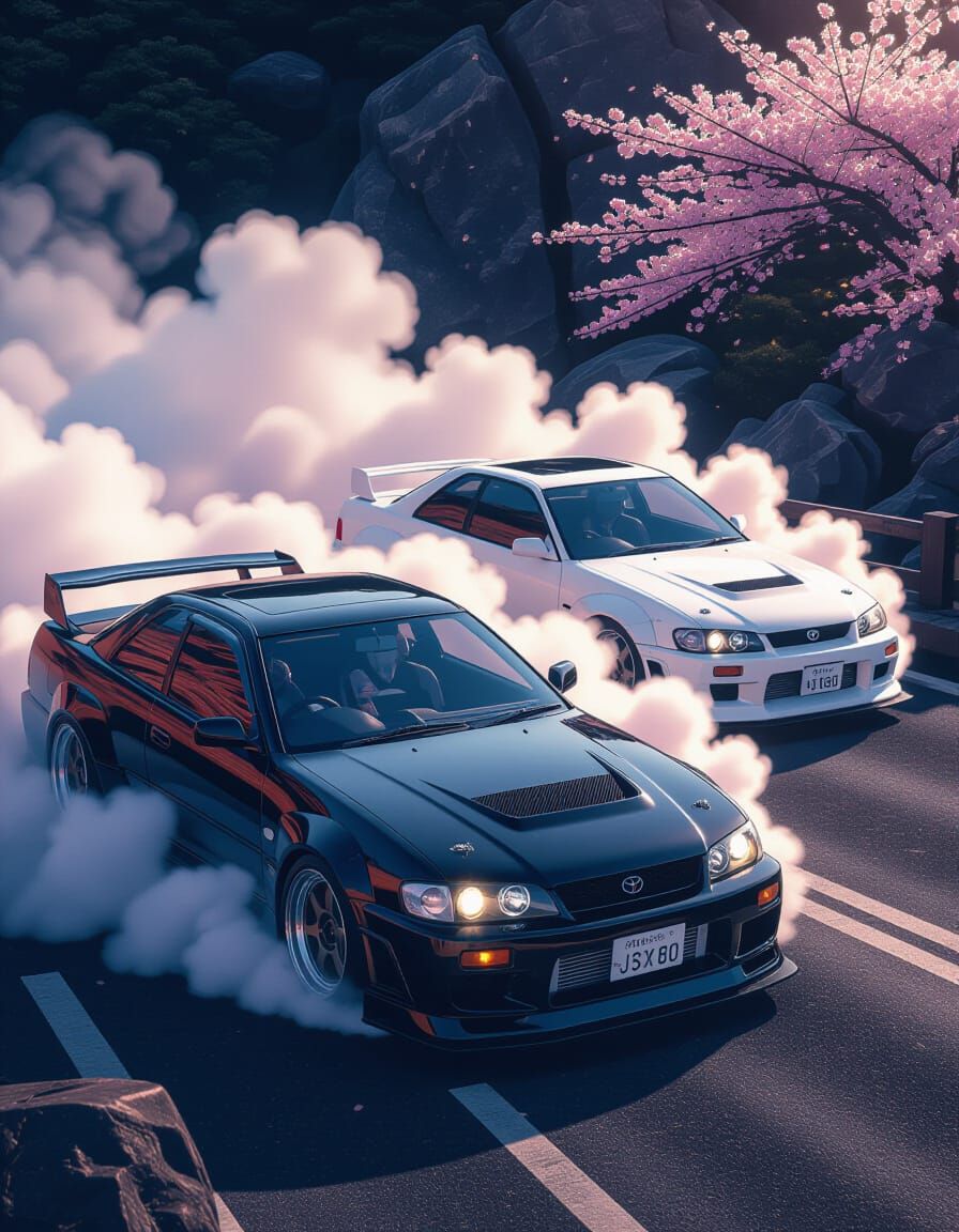 Two Toyota Chaser Cars in Smoky Forest Scene