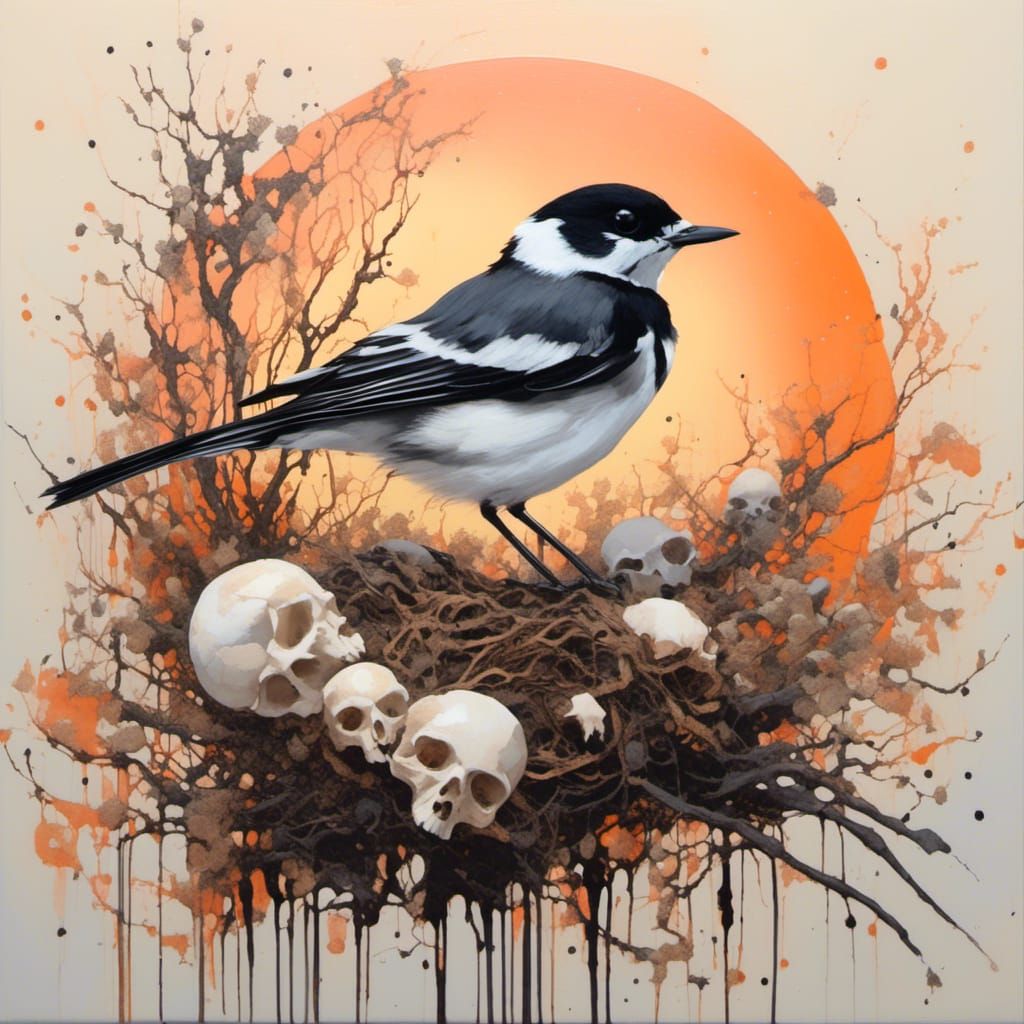Pied Wagtail on Carcass: Abstract Oil Painting