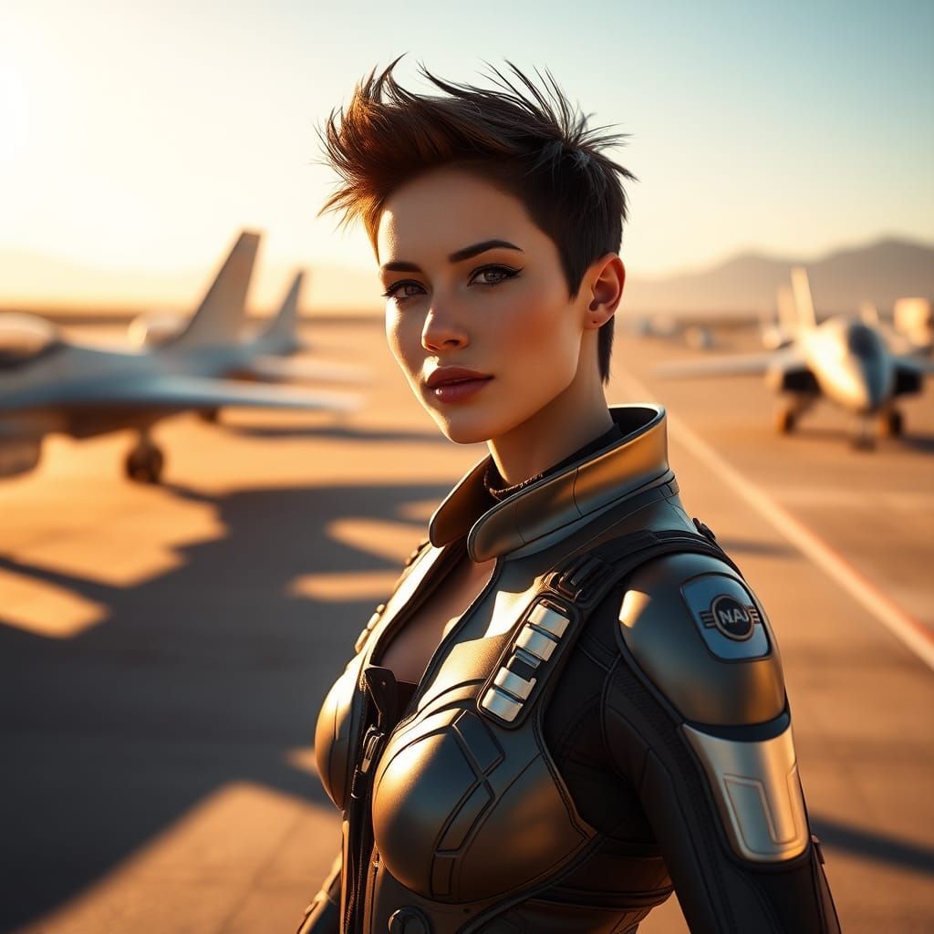 Woman in Flight Suit on Military Base Runway