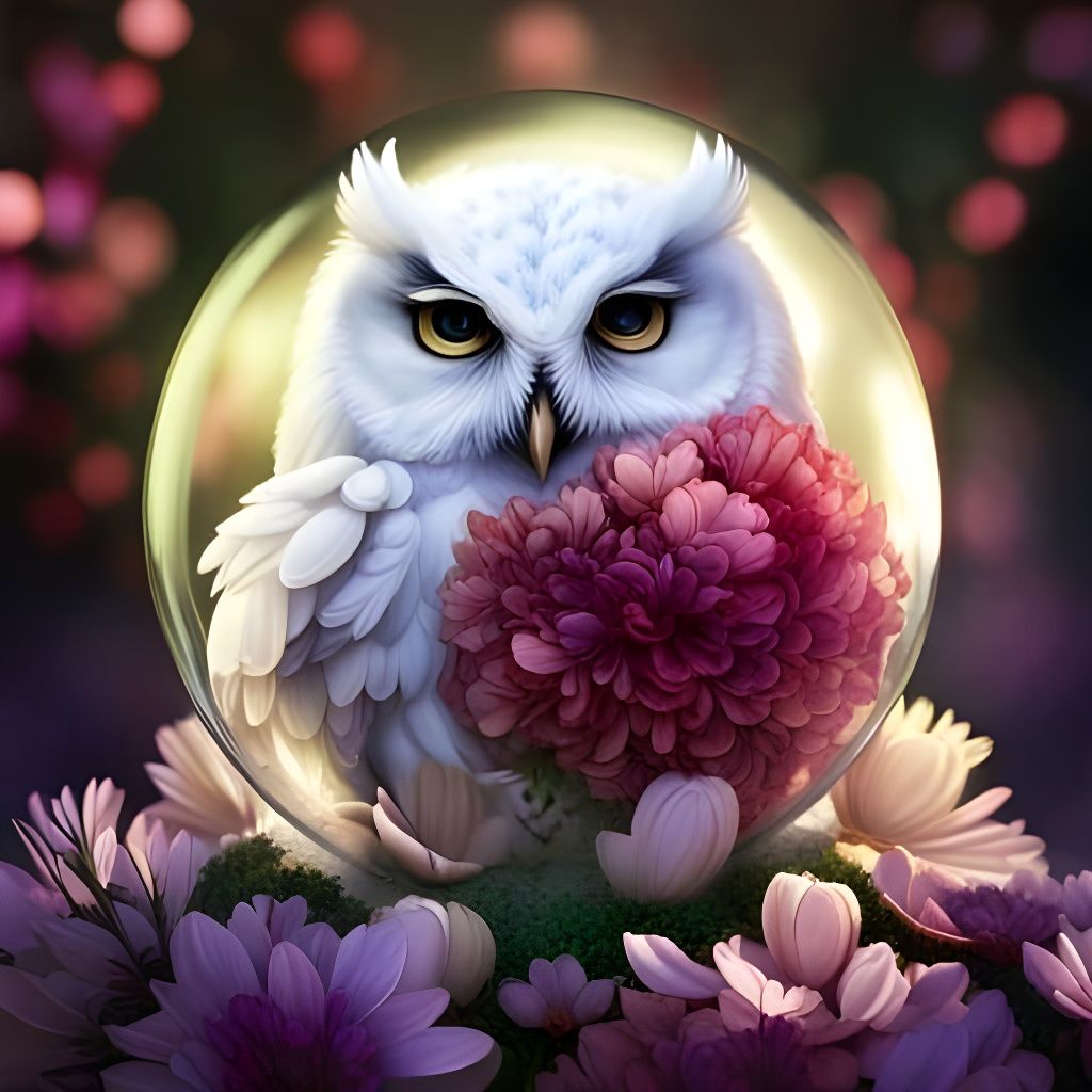 White Owl with Red Flowers in a Glass Ball