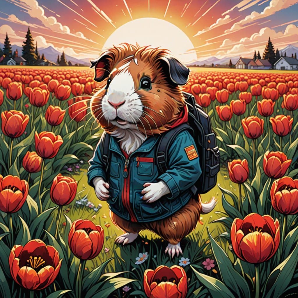 Playful Guinea Pig in Vibrant Tulip Field