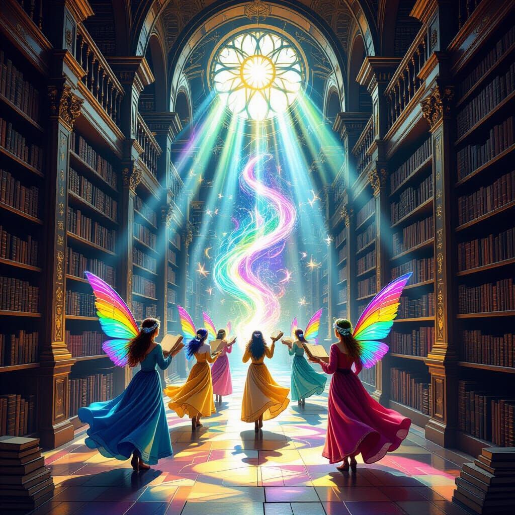 Ethereal Library with Fairies Channeling Wisdom