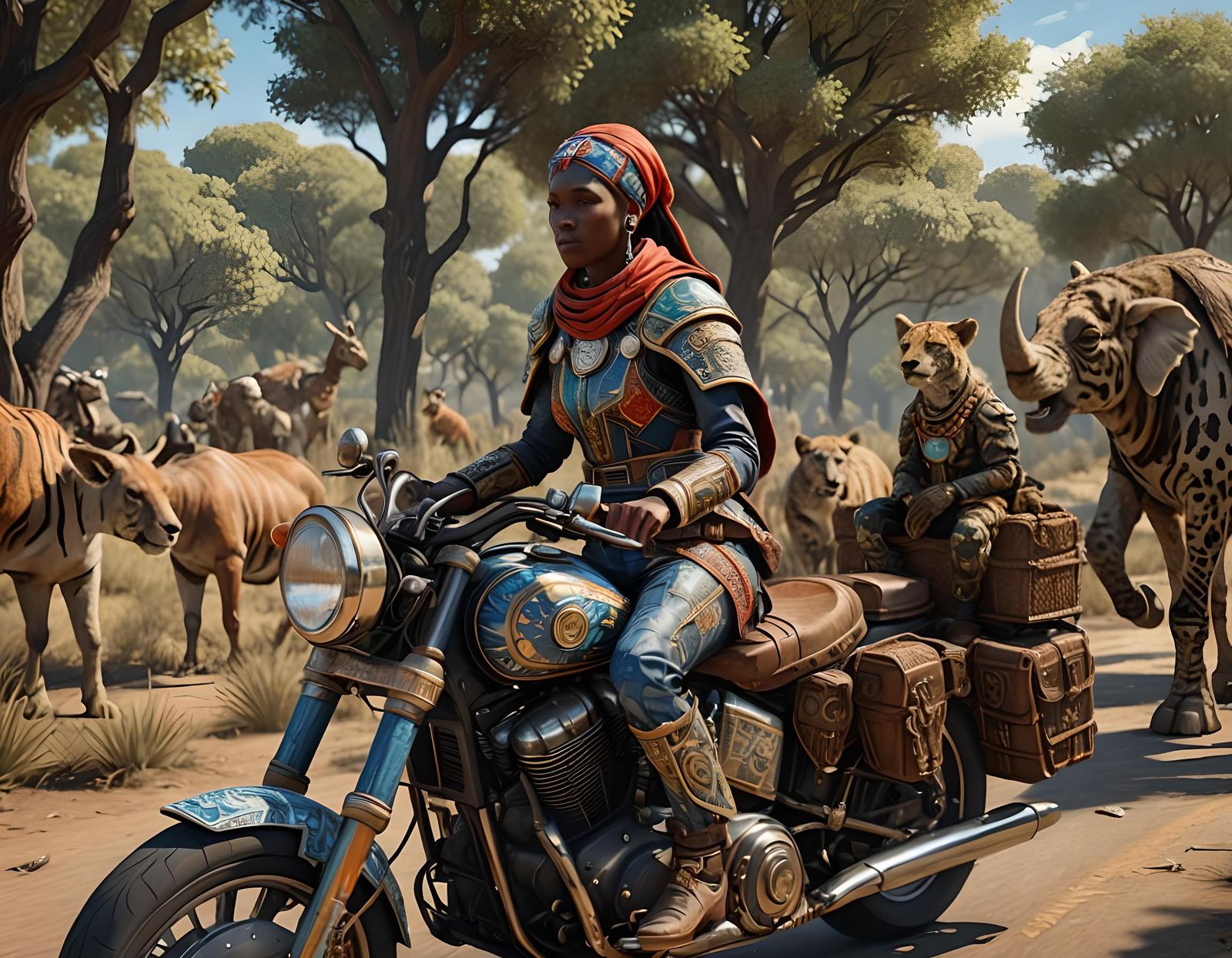 Masai Warrior on Motorcycle, Van Gogh Style
