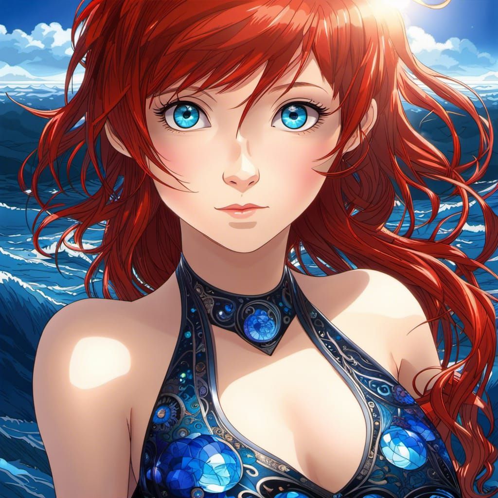 Anime Girl with Red Hair in Fractal Swimsuit
