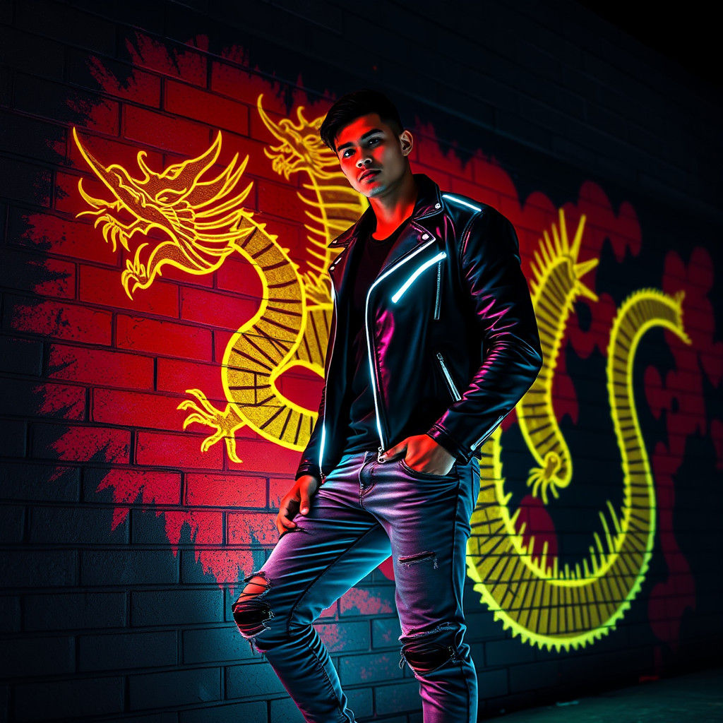 Muscular Man with Dragon Mural in Synthwave Neon Style