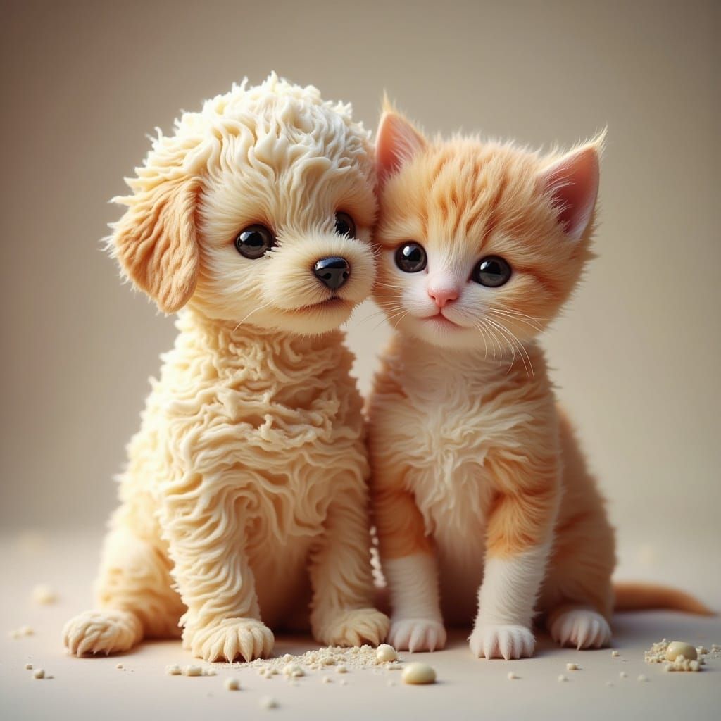 Adorable Puppy and Kitten Sitting Together