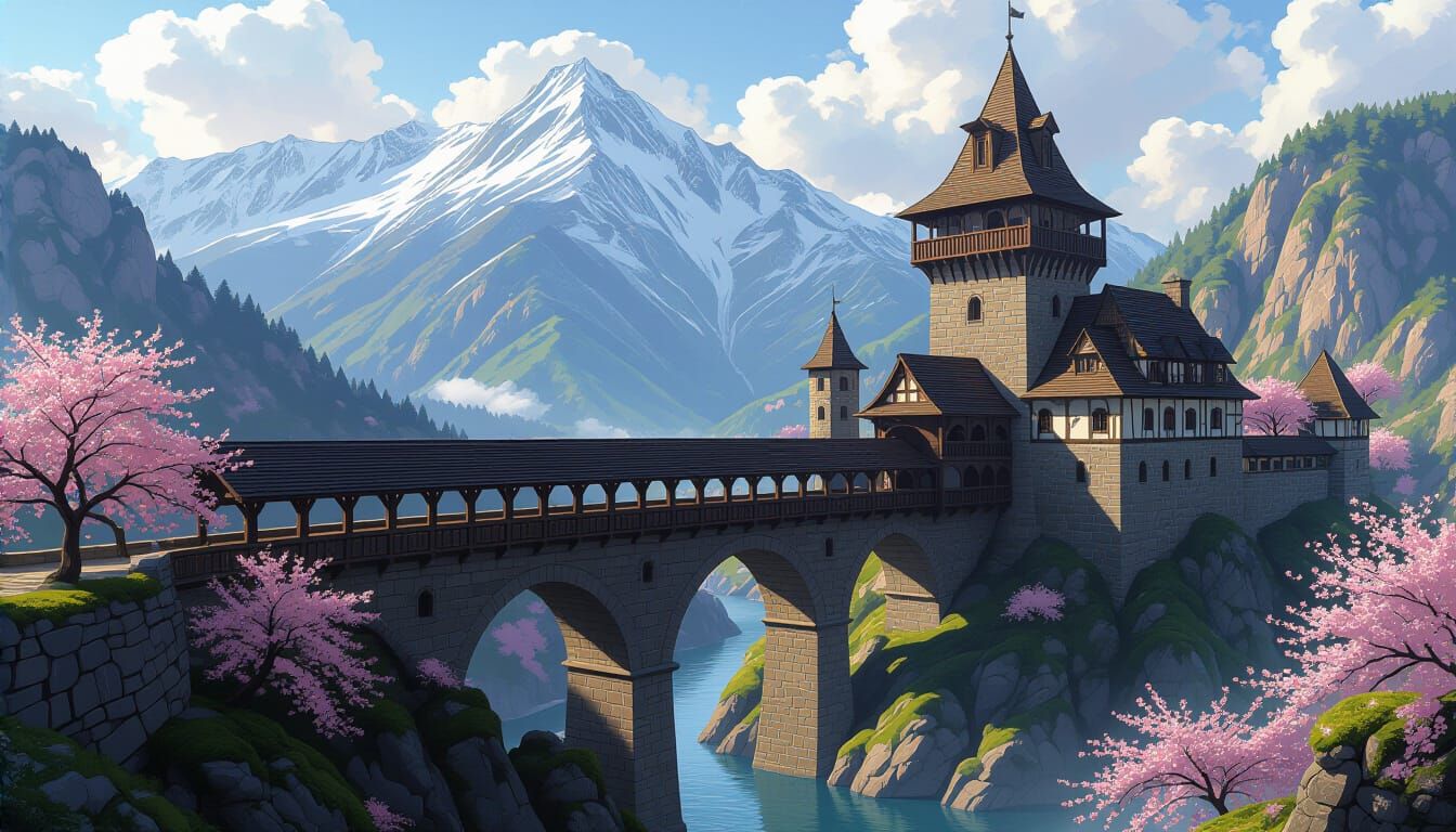 Medieval Castle Bridge on Mountain, Cherry Blossoms