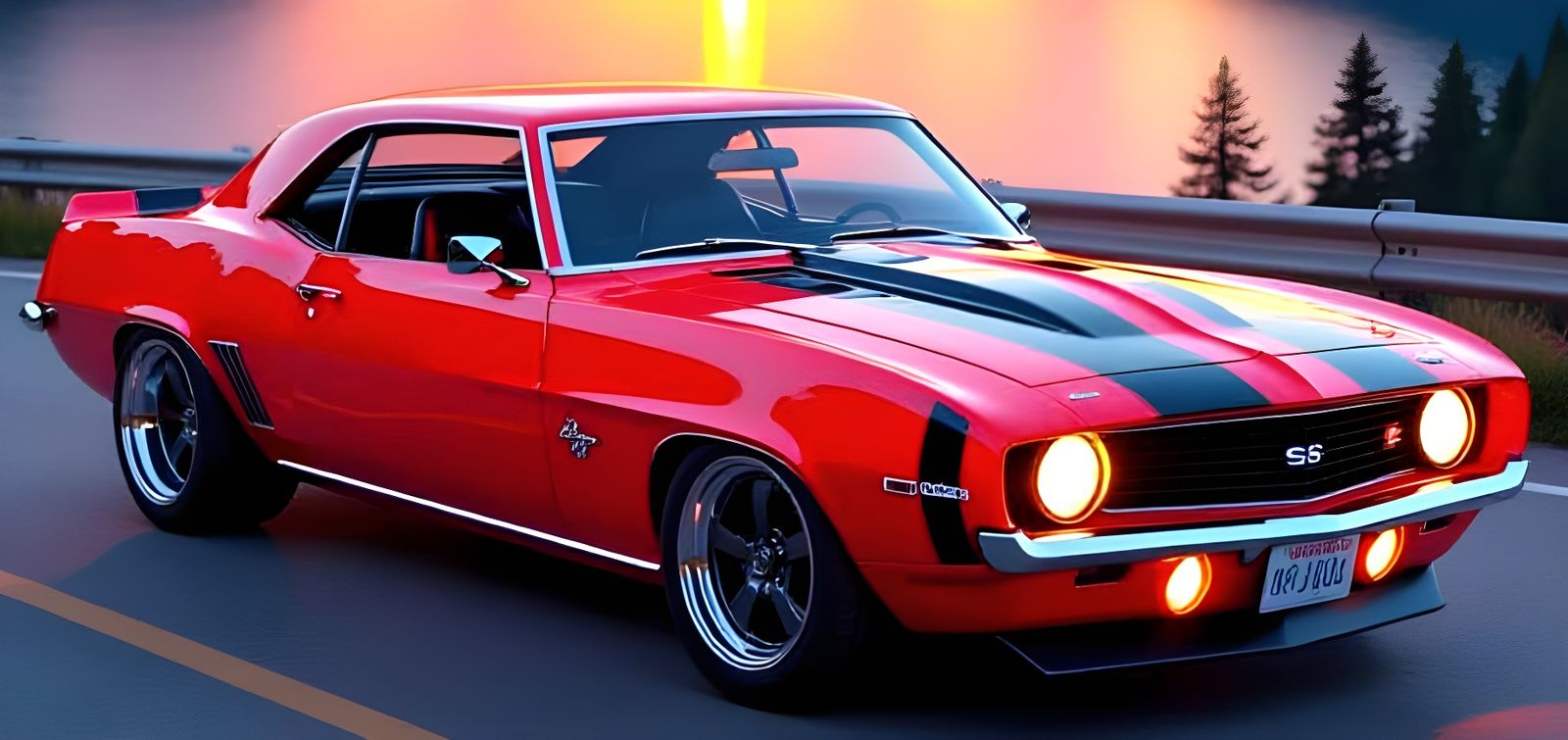 Crimson 1969 Camaro Overlooking Alpine Lake in Hyperrealism