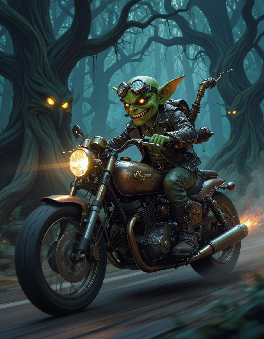 Goblin Steampunk Motorcycle Ride Through Dark Forest