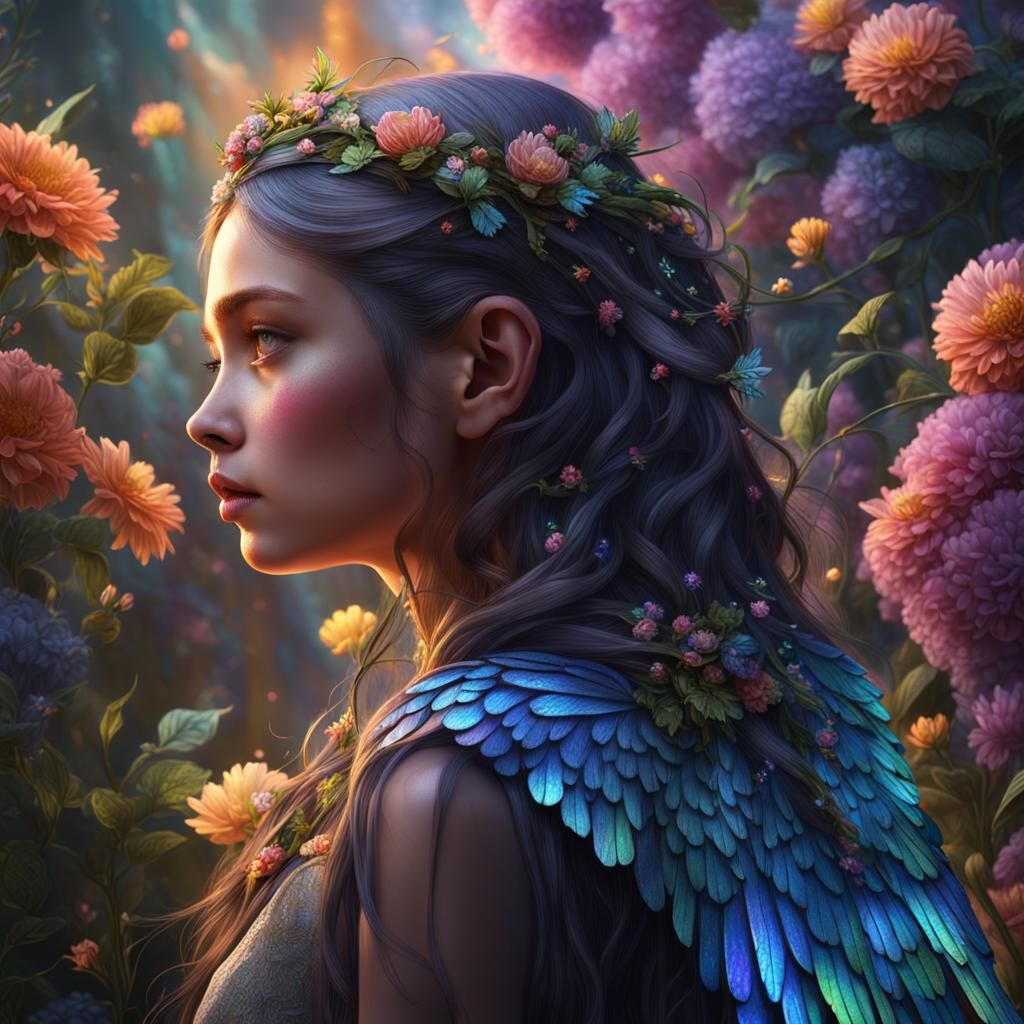 Iridescent Girl with Wings and Flowers