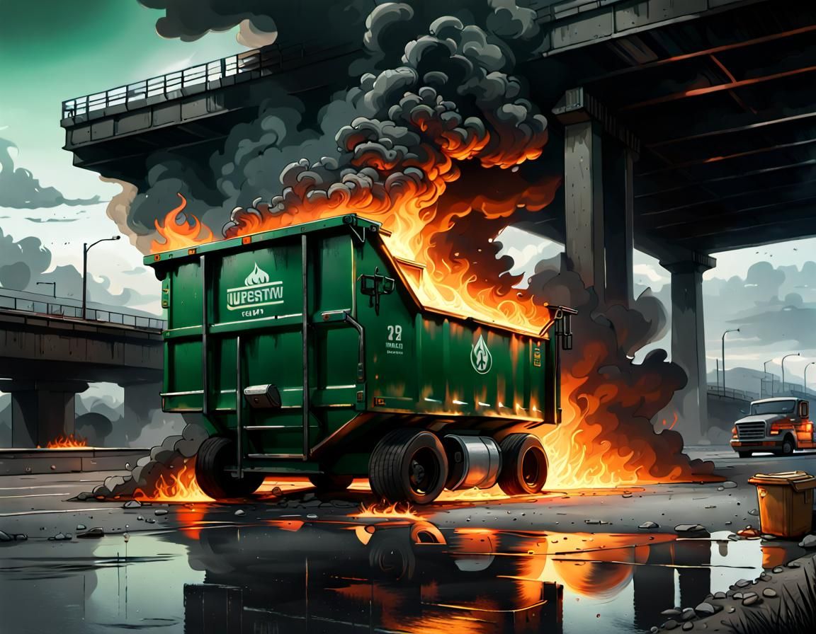 Burning Dumpster Under Overpass: Dark Fantasy Art
