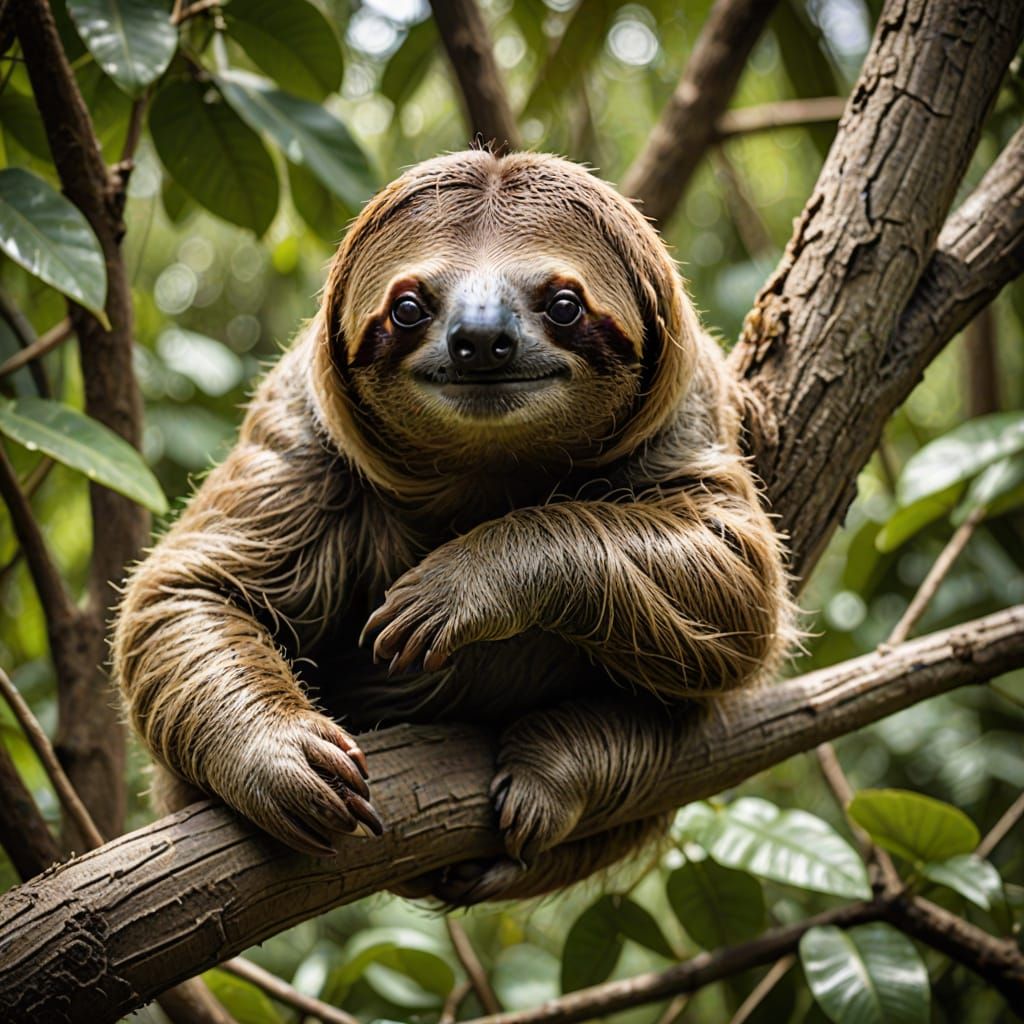 Sloth Perched on a Branch in a Tropical Setting