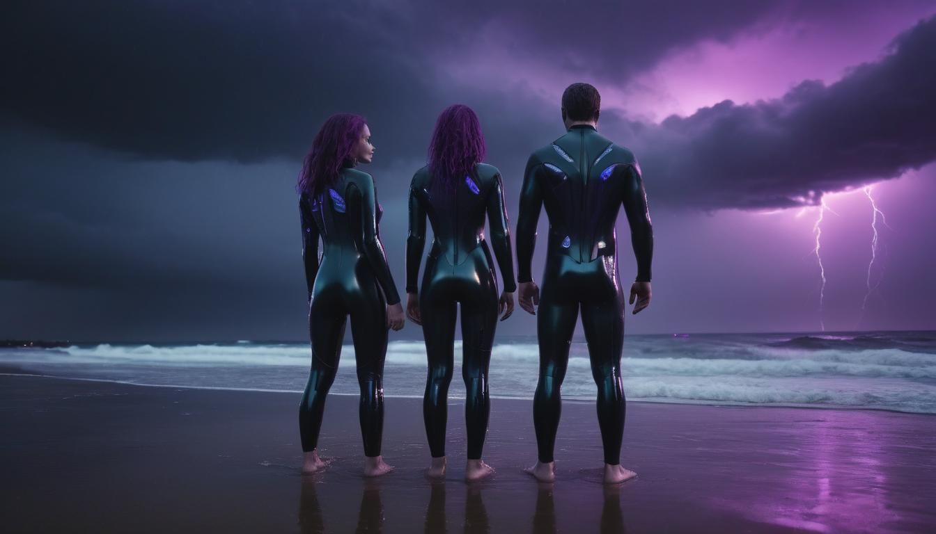 Sci-Fi Couple on Desolate Beach in Neon Noir Style