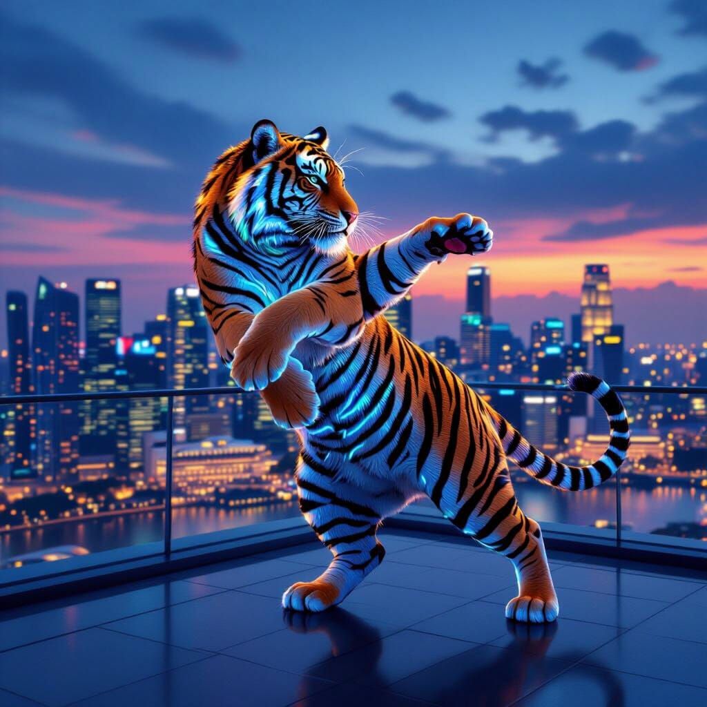 Bioluminescent Tiger Dances on Marina Bay Sands Rooftop