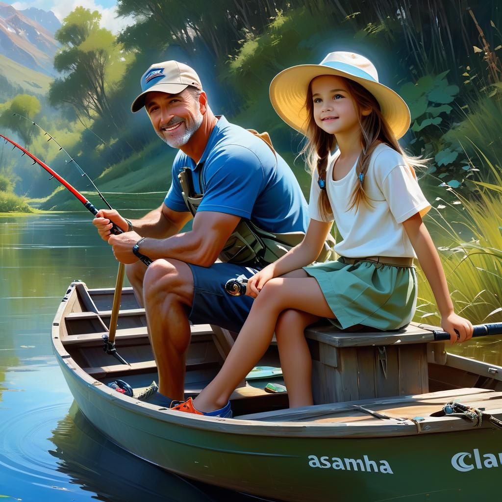 Father and Daughter Fishing: Colorful Fantasy Art