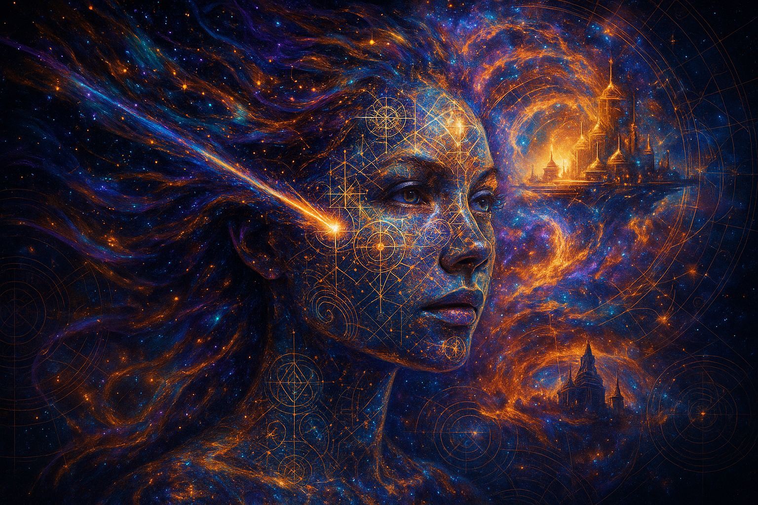 Cosmic Woman Portrait with Galaxy Features
