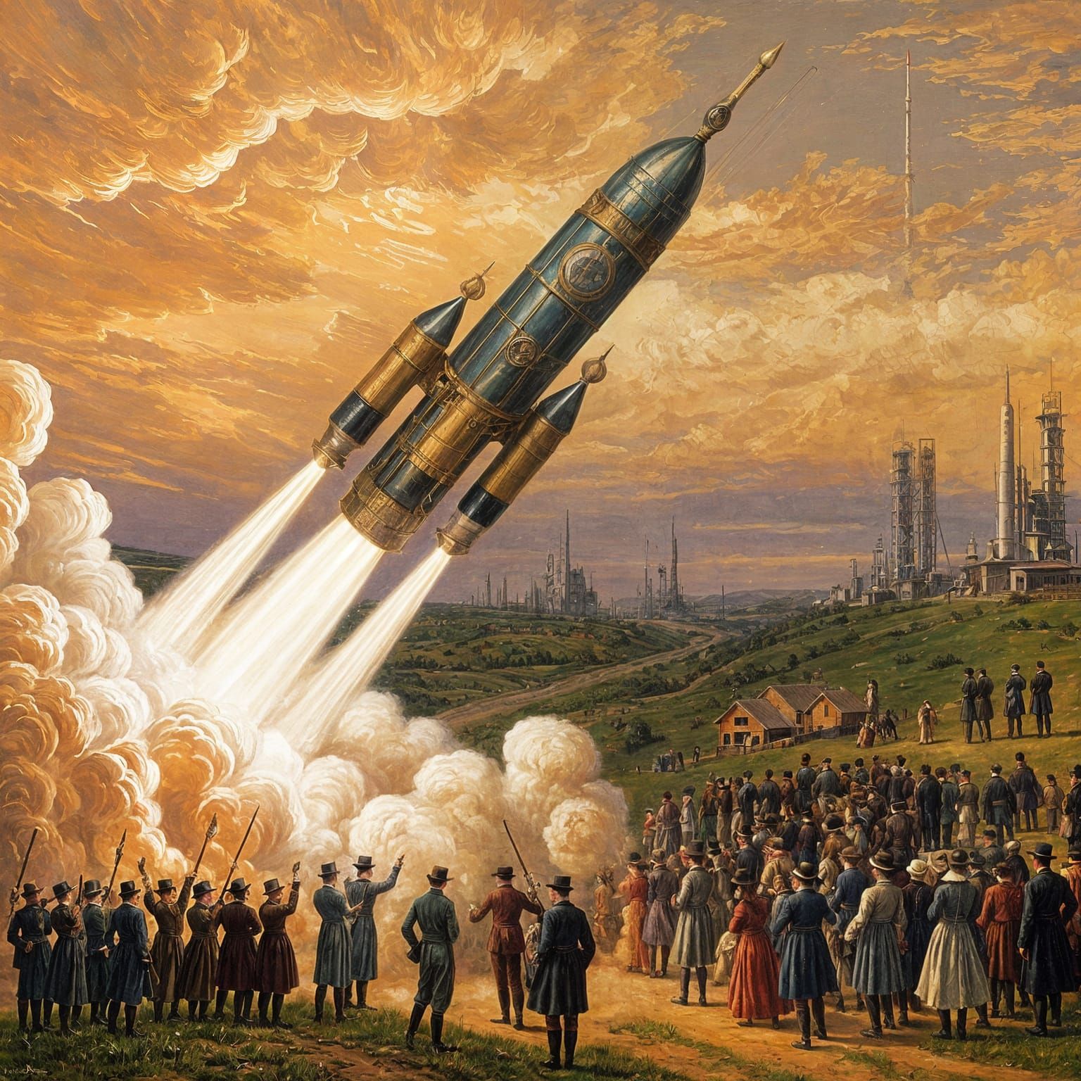 Victorian Era Rocket Launch in Warm Oil Colors