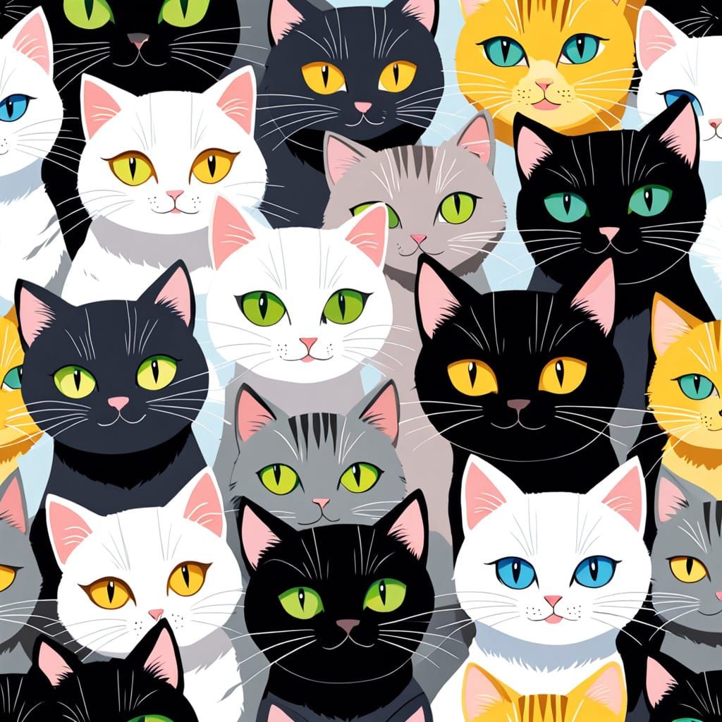 Anime-Inspired Whimsical Cat Faces Abstract Painting