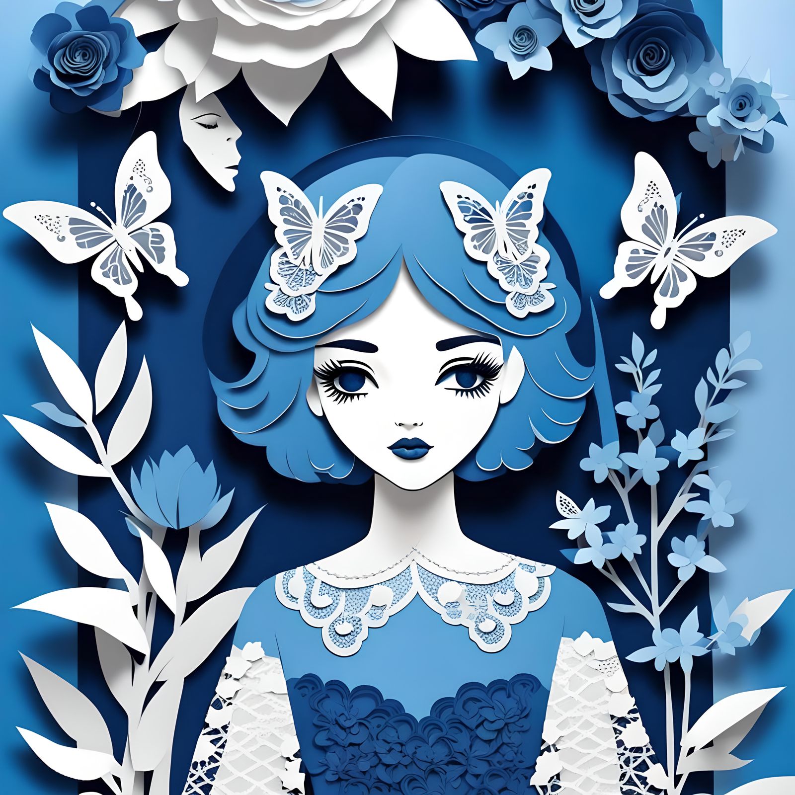 Monochromatic Blue Paper Doll Collage Scene