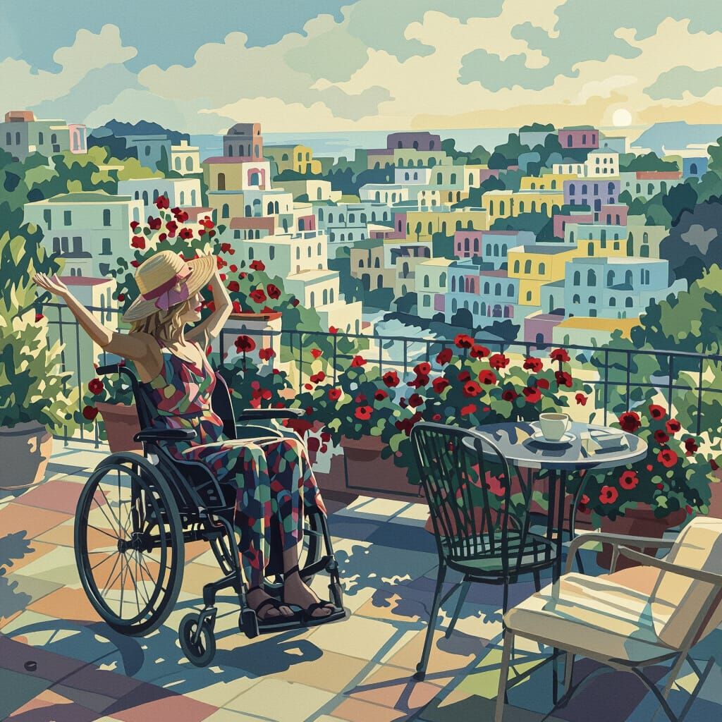 Woman on Balcony Overlooking Positano Bay at Sunset