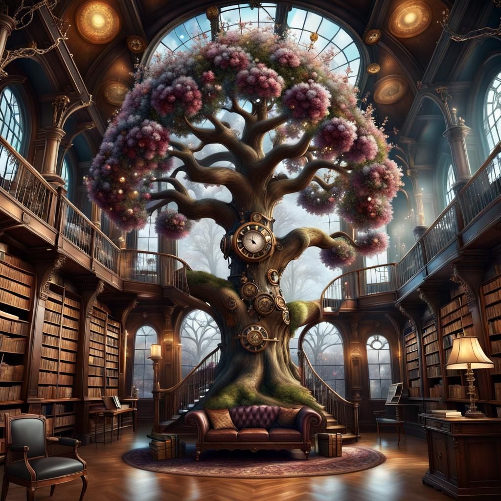 Steampunk Winter Library: Flower Tree Digital Art