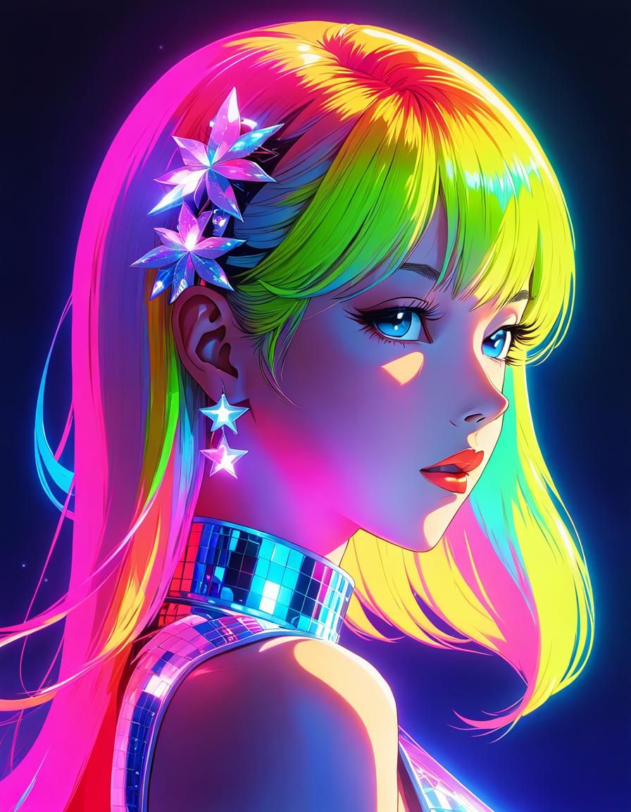 Disco Queen in Neon Room, Anime-Style Illustration