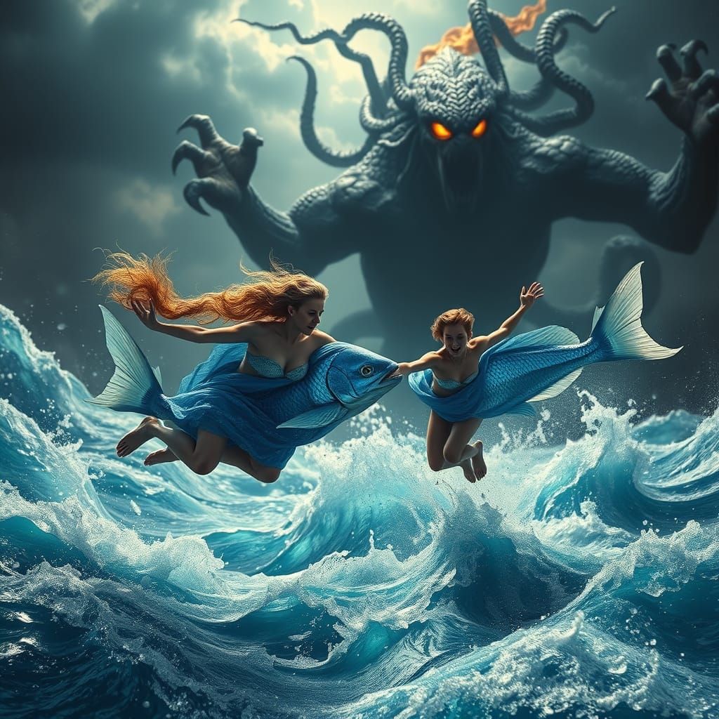 Aphrodite and Eros Flee Typhon in Mid-Transformation