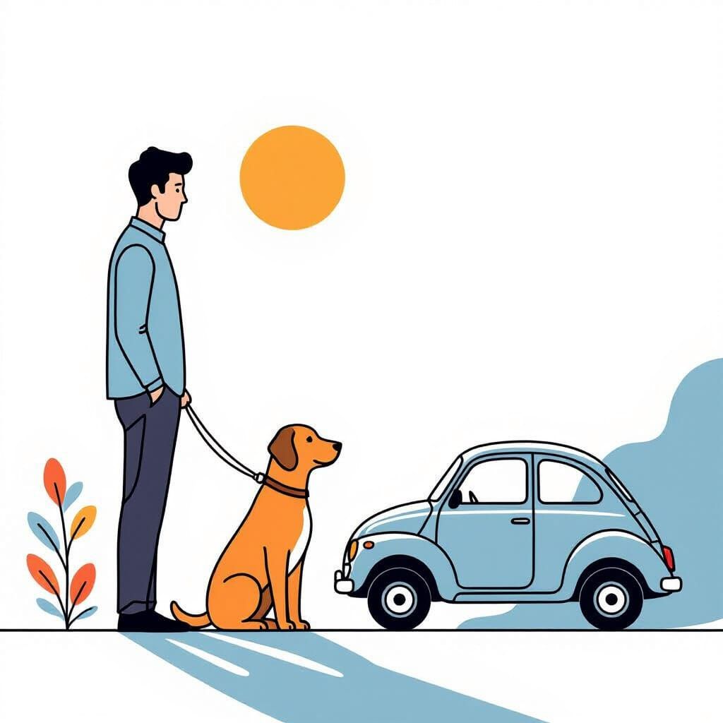 Minimalist Single Line Art: Man, Dog, and Car Connected