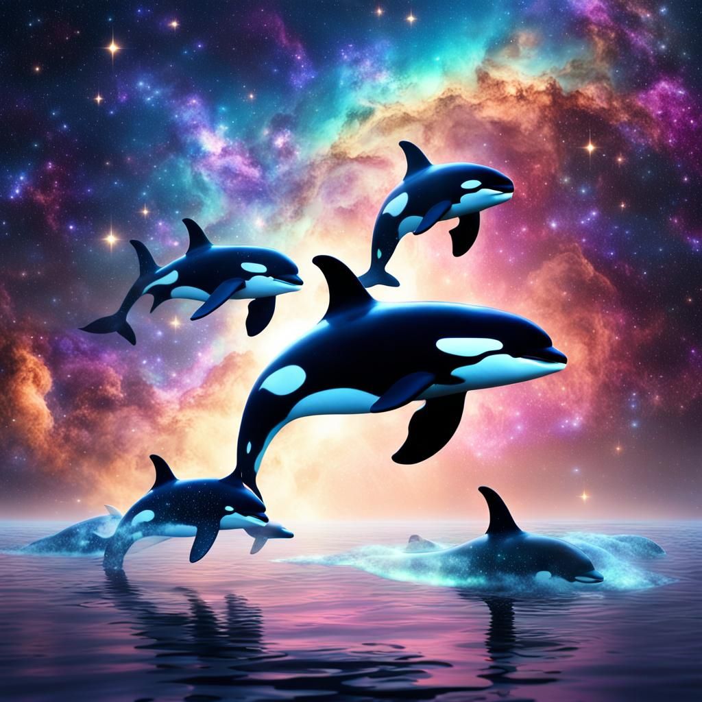 Orcas Swim Through the Starry Cosmos