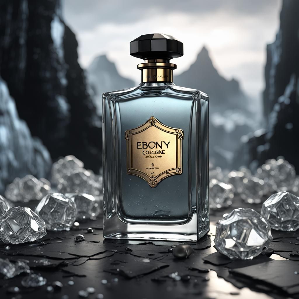 Ebony Cologne Bottle on Obsidian in Dark Fantasy Style