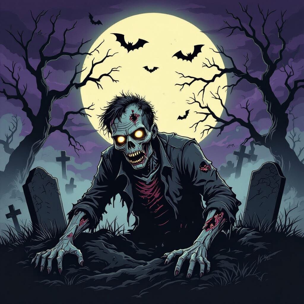 Gothic Zombie Crawling From Grave Under Full Moon T-Shirt Gr...
