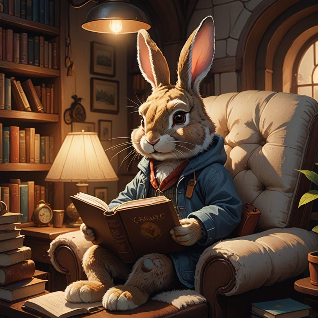 Rabbit sitting in a comfy chair reading his favourite book