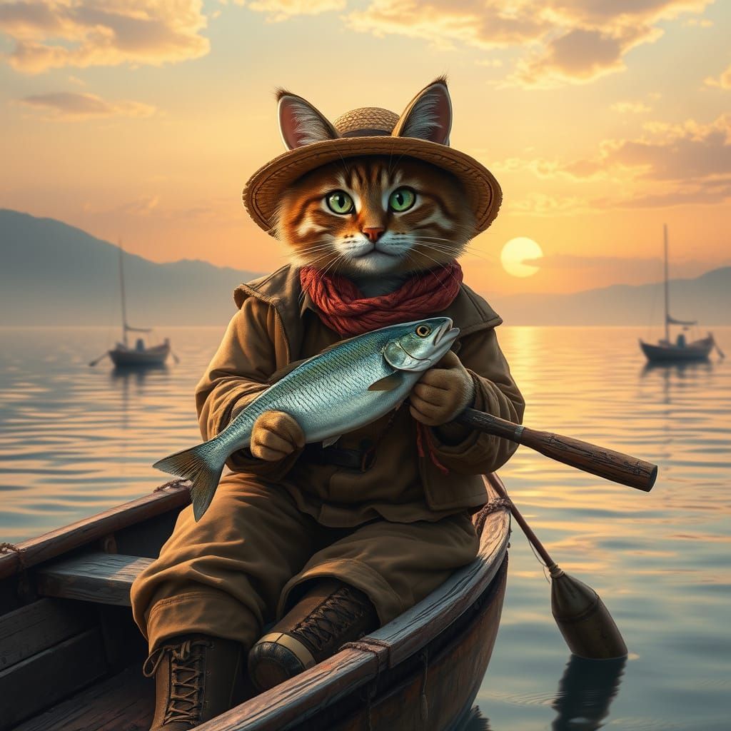 Charming Cat Fisherman in a Serene Sunset Landscape