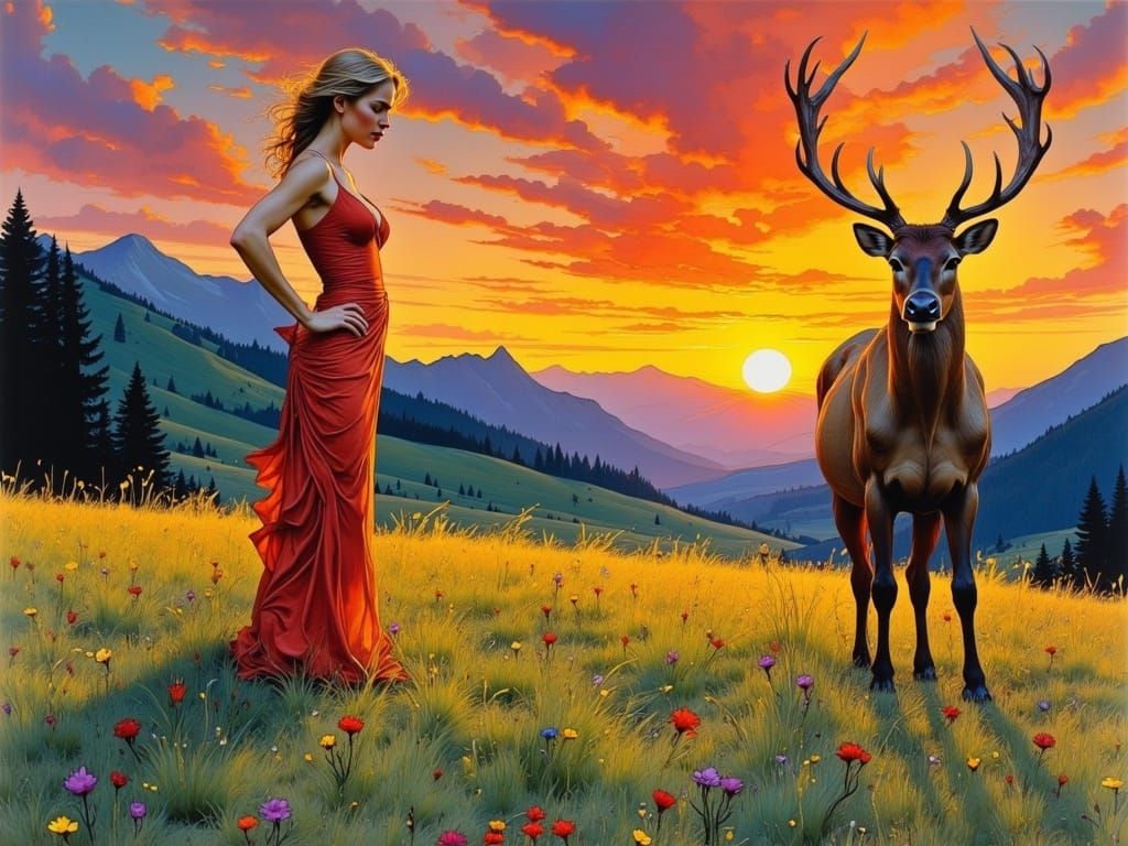 Slender Woman in Alpine Sunset, Inspired by Chiaroscuro