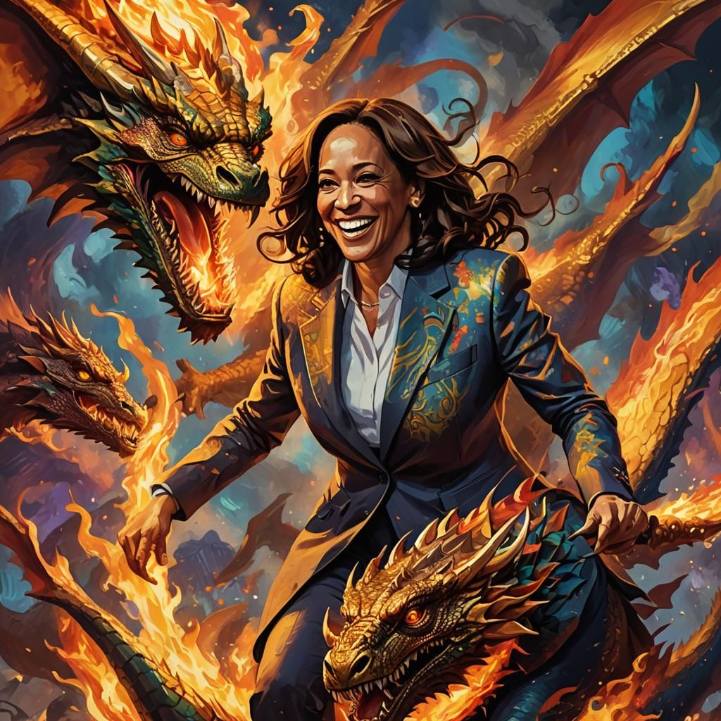 Kamala Harris Rides a Dragon in Concept Art