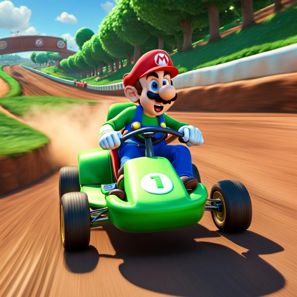 Super Mario's cart in PIXAR's signature 3D computer animation style