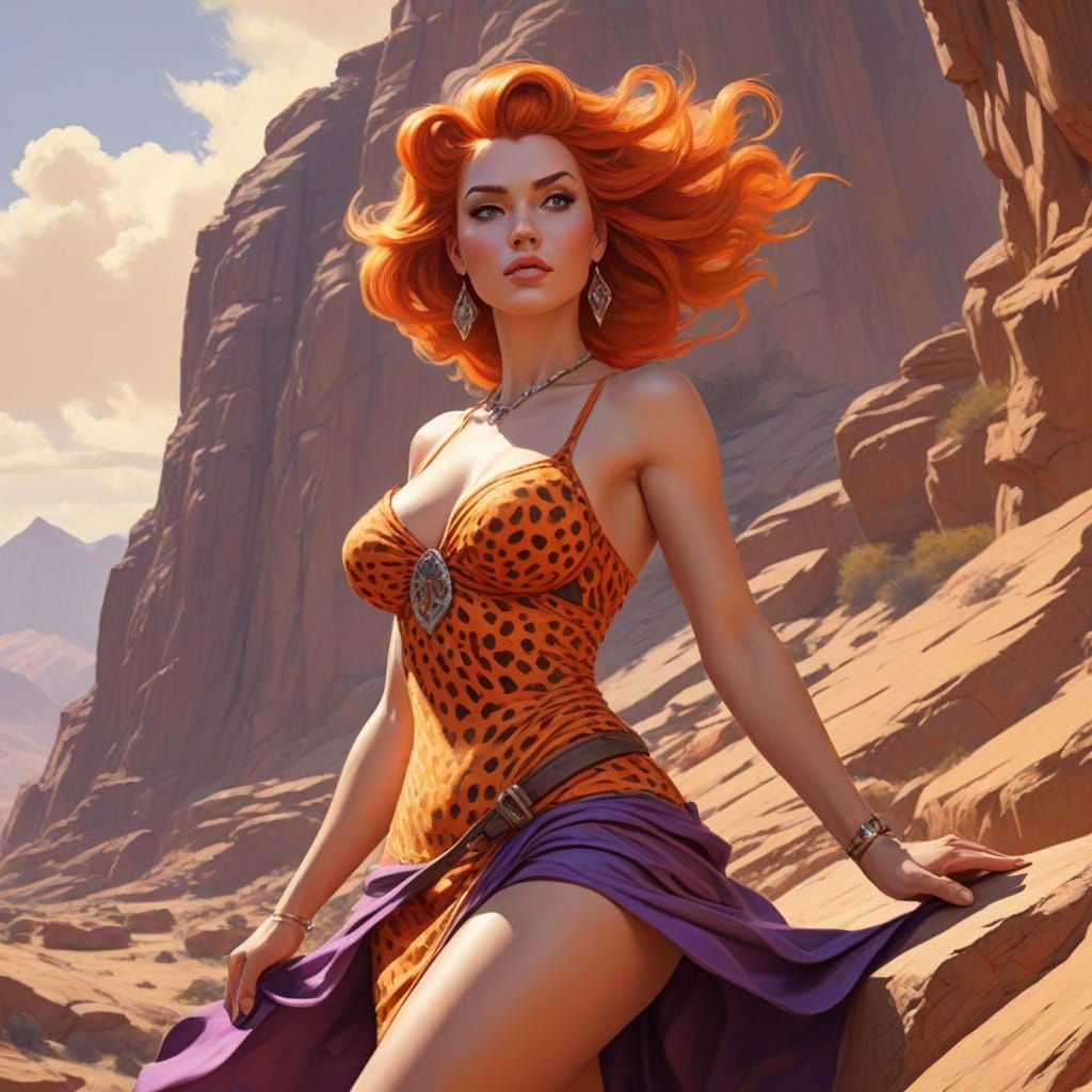 Wilma Flintstone, a statuesque and ravishing red haired cavewoman, clad in a bedazzling orange and purple animal-print d...