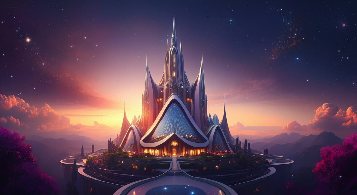 A majestic fantasy castle perched atop a lush green hill, surrounded by a clear blue sky and distant mountains.