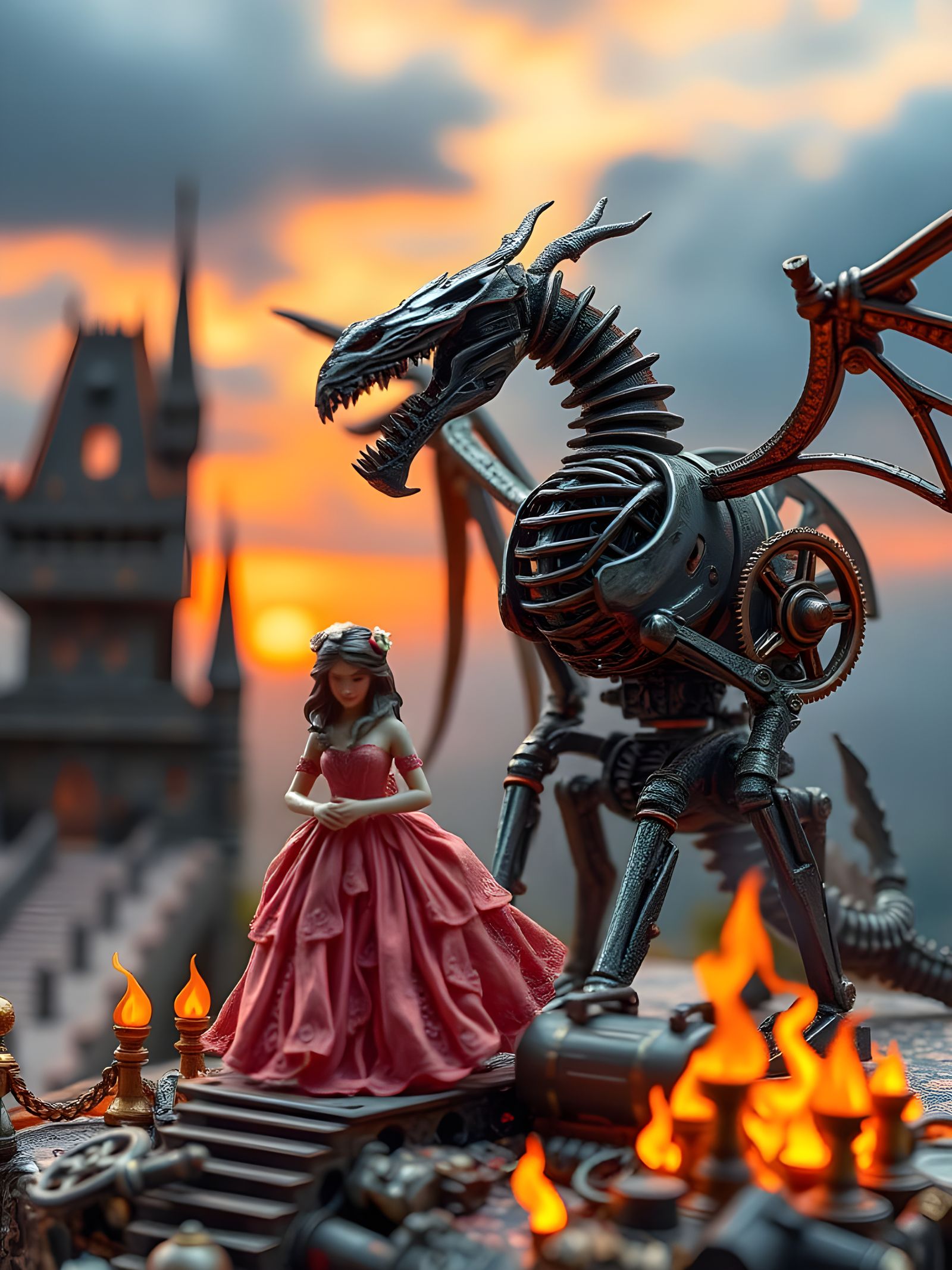 Steampunk Princess and Mechanical Dragon Diorama